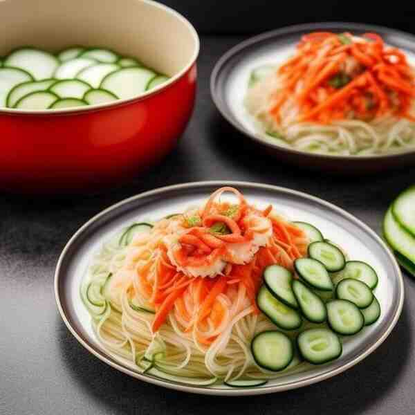Рисовая лапша с крабовыми палочками и огурцом